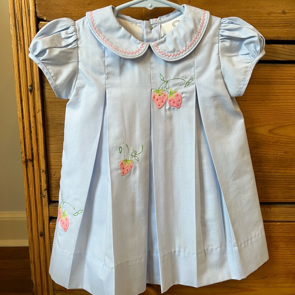 The Proper Peony strawberry dress with bloomers. Light blue. 24 mo. EUC